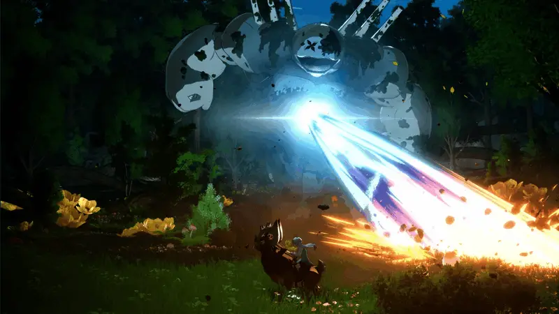 巨兽战斗场景，玩家正在攀爬巨大生物并准备攻击其要害部位