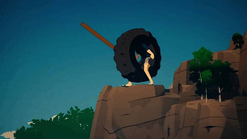 Tire Boy游戏画面展示主角头部为轮胎的设定，背景为广阔平原与远处的高塔