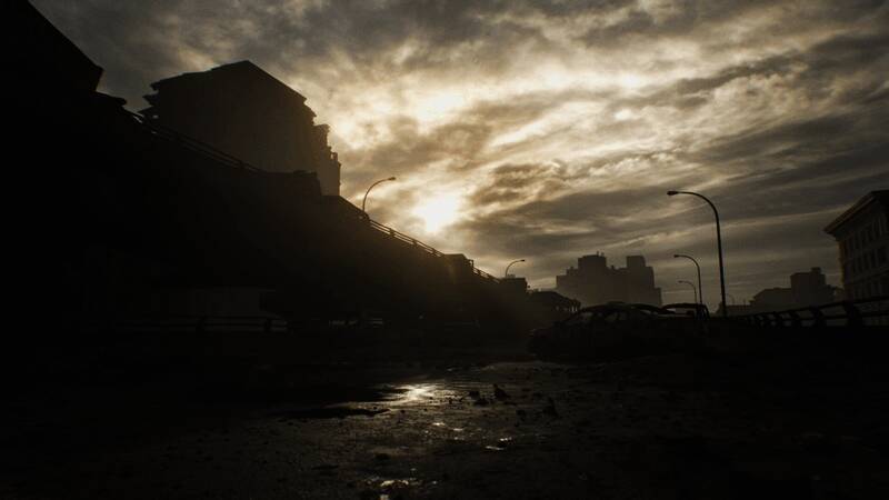 实验室内部场景，仪器破损严重，地上散落不明生物组织样本