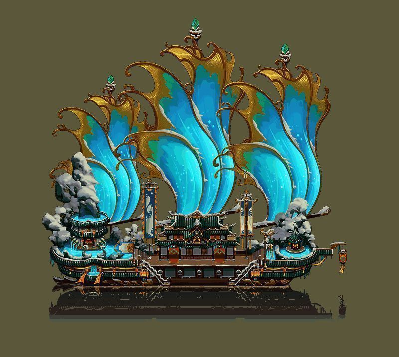 全新蓝色分船航行于运河中，周围雪花纷飞，景色唯美