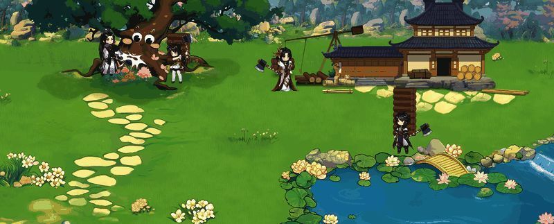 商会后山新场景展示，玩家正在进行合作互动砍树