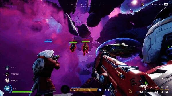 玩家操控飞船穿越宇宙风暴，远处可见外星遗迹与神秘宝箱