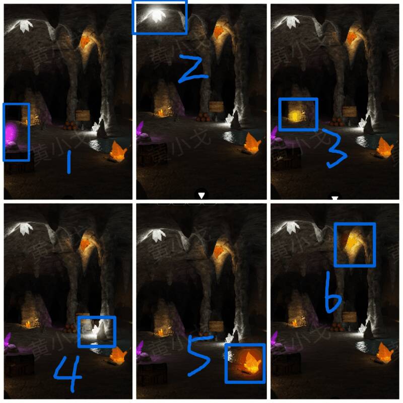 五彩斑斓的发光水晶排列在石壁上