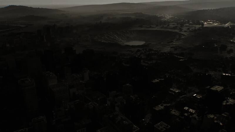 地下设施内部场景，金属管道交错，地面积水倒映着红色警示灯