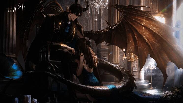 顾时夜对主角低语，背景为地狱宫殿