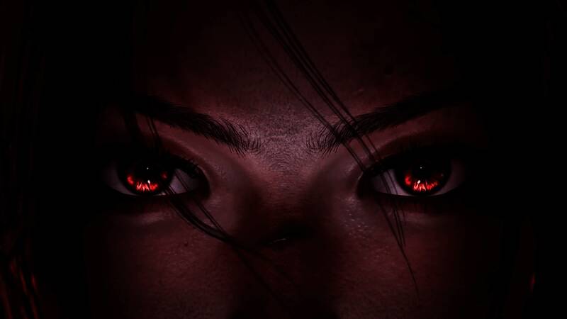 角色设计图展示，女侠身着古风战衣，眼神坚定，背景为阴森诡异的巴蜀丛林