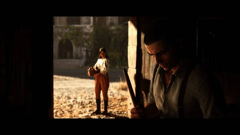 主角穿梭于西西里街头，建筑风格古朴，阳光洒落石板路