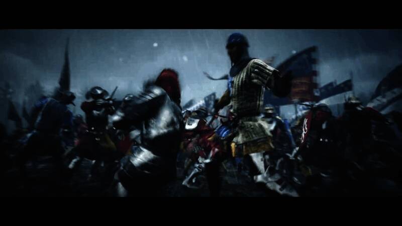 玩家角色站在高处俯瞰战场，身后是整装待发的大军与飘扬的旗帜