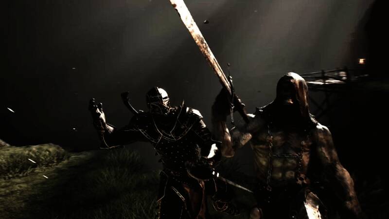 战斗特写画面，角色挥舞巨剑与敌人激烈交锋，特效逼真