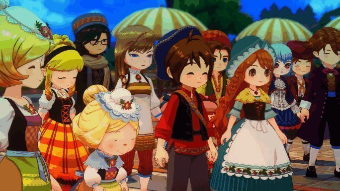 玩家在甜心节向镇民赠送礼物的画面，气氛温馨