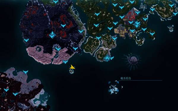 极冻孤岛全景图，白雪皑皑的山峰与冰川交错，天空飘落细雪