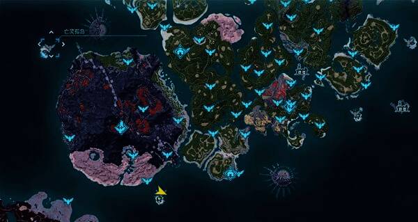 亡灵孤岛夜景，枯树投下阴影，远处漂浮着幽蓝色光点