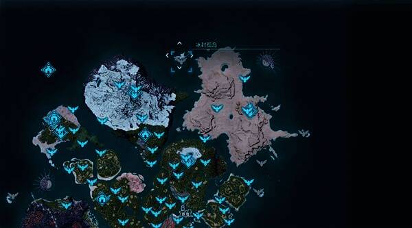 冰封孤岛俯瞰视角，巨大冰川与裂隙构成复杂地形