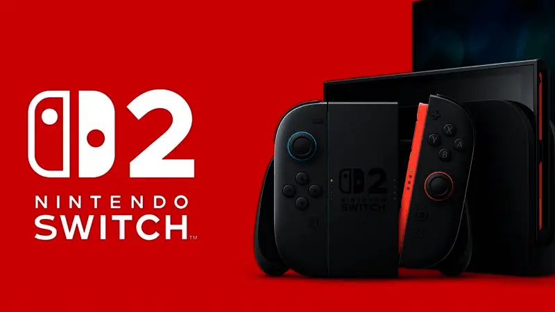 ChickenDog手持全新NS2露出灿烂笑容，背景为任天堂纽约门店