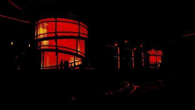 派对车厢内部场景展示，装饰风格充满未来科技感