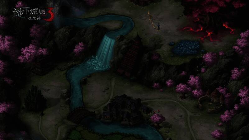 云之国桃花源地图场景，青山绿水环绕，村庄宁静而神秘