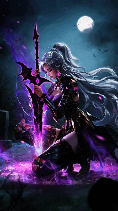 席娜新皮肤幽夜清辉展示图，白发魔法骑士手持翼龙之刃，特效华丽