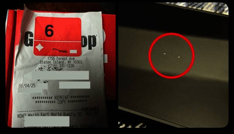 受损Switch2主机照片，屏幕部位被订书钉刺穿