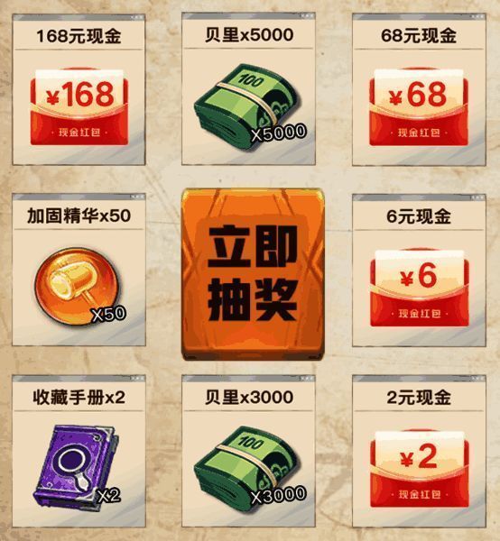 抽奖界面示意图，展示多种奖励选项