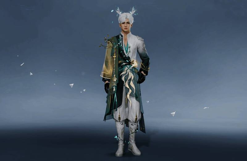 《星球：重启》灵·瑶鹿祈泽男款时装展示图，融合古典与未来感的设计风格