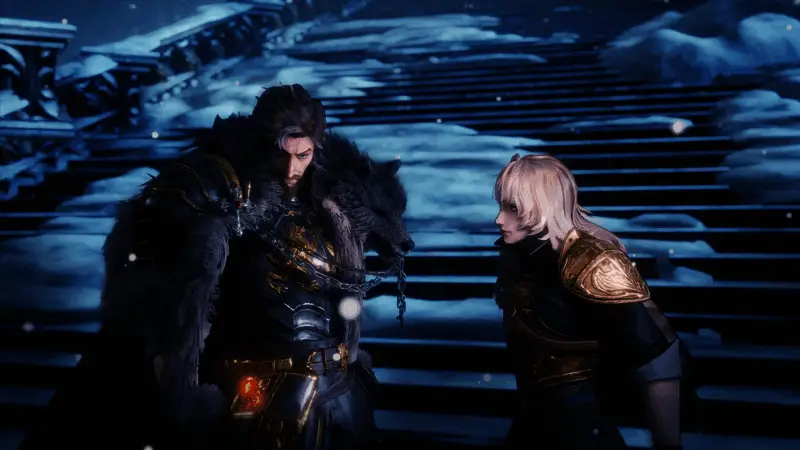 《赤痕：绯红契约》游戏封面艺术图，展示两位主角并肩作战的英姿，背景为神秘浮空城堡