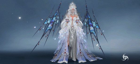 永夜碎梦女款正面展示，华丽裙摆与羽毛肩饰细节清晰可见