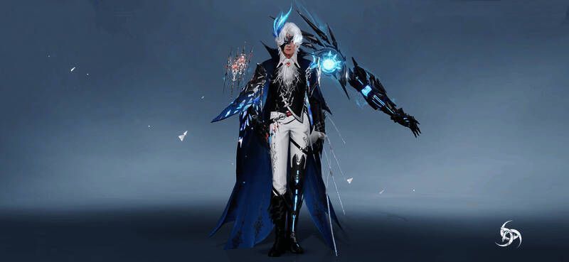 男款背部特写，机械装置与发光元素营造神秘氛围