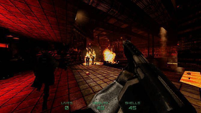 游戏封面图展示复古像素风的第一人称视角与武器细节