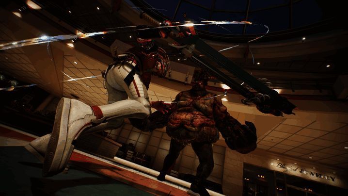 主角身穿黑色战衣，手持枪剑混合武器，身后是崩塌的时空结构