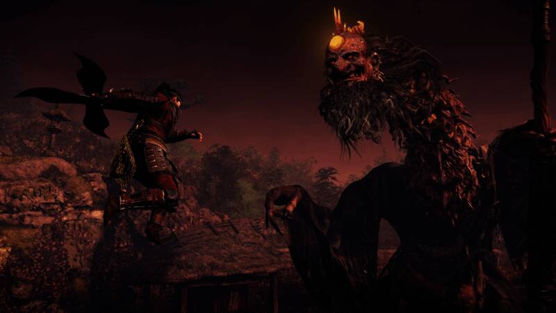 《仁王3》战斗场景截图，角色手持双刀与巨型妖怪激烈对抗