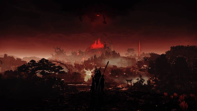 《仁王3》开放地图截图，展现广阔战国风貌与神秘建筑遗迹