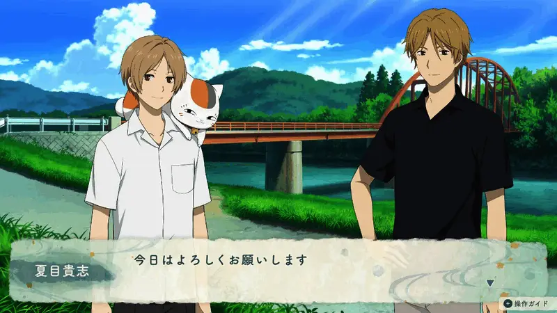 夜晚的庭院中，夏目与妖怪们围坐交谈，气氛温暖而神秘