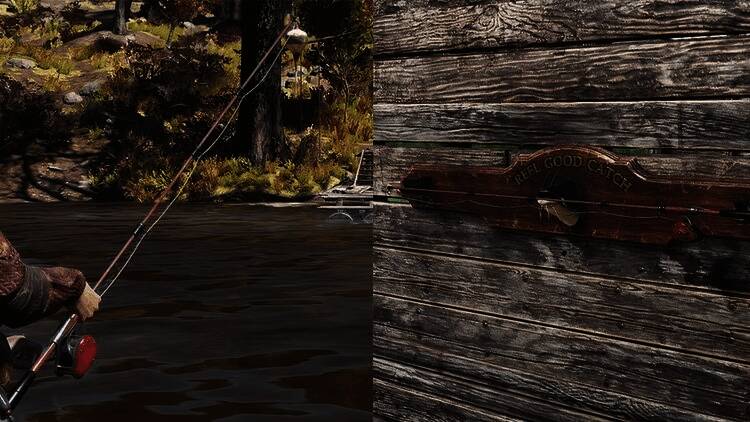 玩家房间内展示弧形鱼展示架，陈列着各种稀有鱼类模型