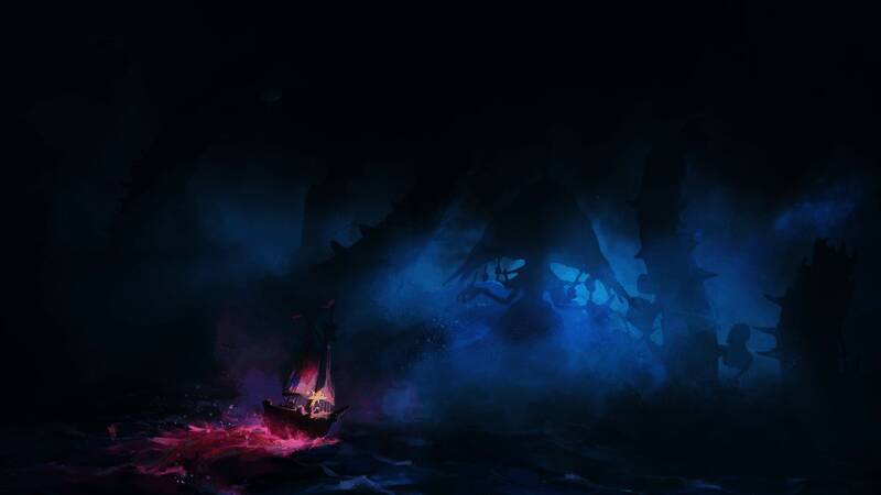 《遗忘之海》游戏主视觉图，木偶人水手在瑰丽海域中航行