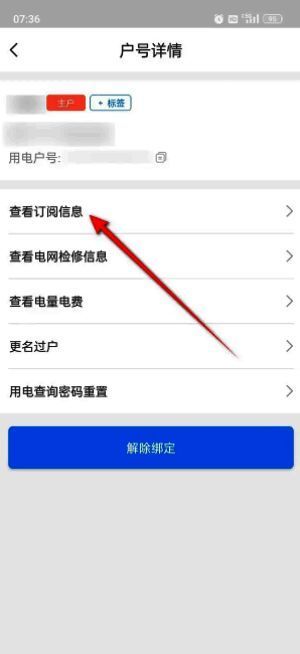 户号详情页面显示查看订阅信息按钮位置