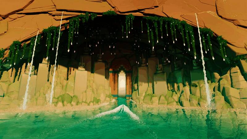 角色在冰川峡谷间滑行，背景是蓝白交错的雪山群峰