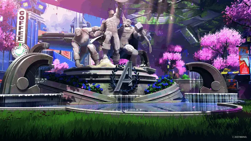 城市街道战场，高楼林立的城市背景展现漫威宇宙特色