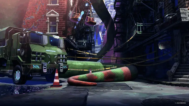 角色选择界面概念图，多名漫威英雄列队待命