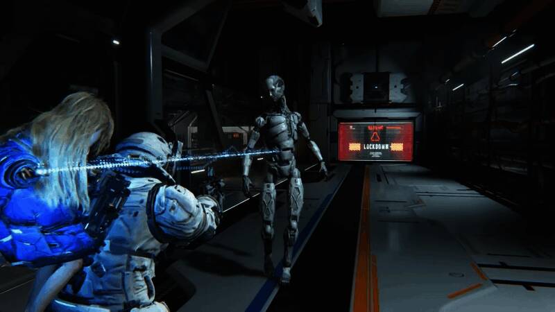 角色特写镜头，展现精致建模与未来装备设计细节