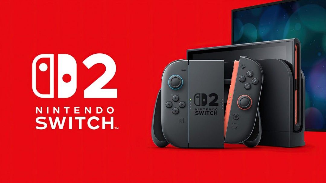 任天堂Switch 2主机外观展示，主机放置于桌面，背景简洁现代