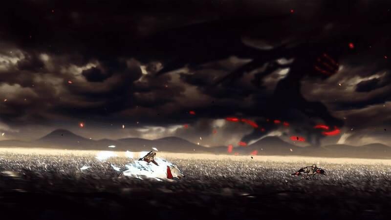 角色站立于战场中央，背景中敌人被击飞的瞬间画面