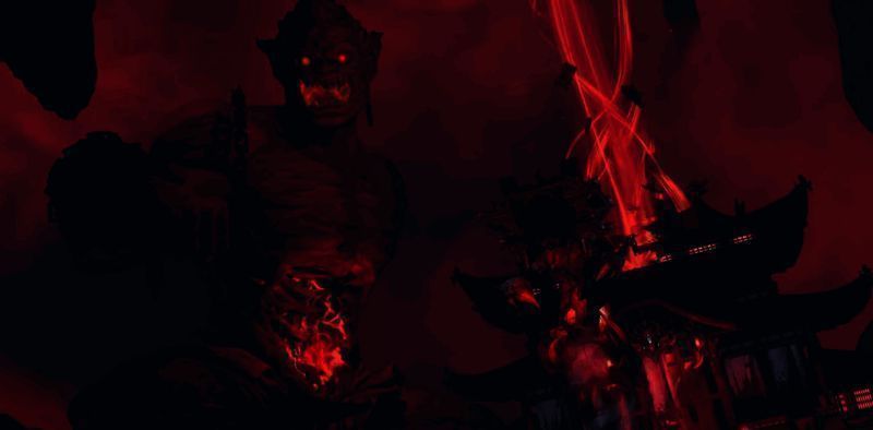 鬼王现身瞬间，周遭空气凝结成冰晶，黑暗中透出猩红光芒