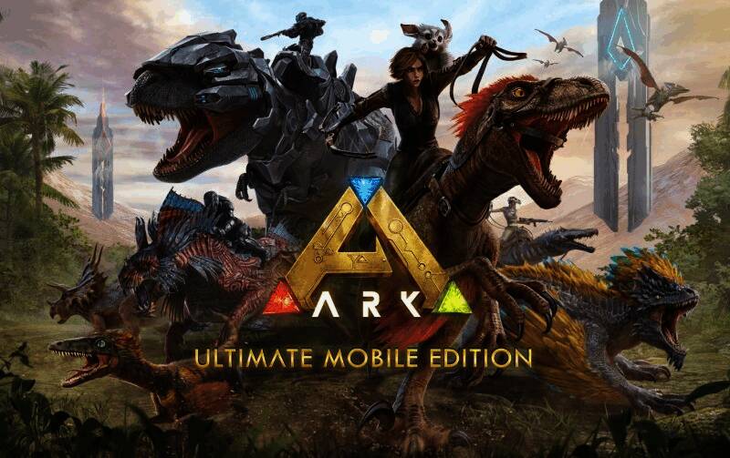 《方舟：终极移动版》游戏画面，玩家在手机端驯服恐龙并建造基地