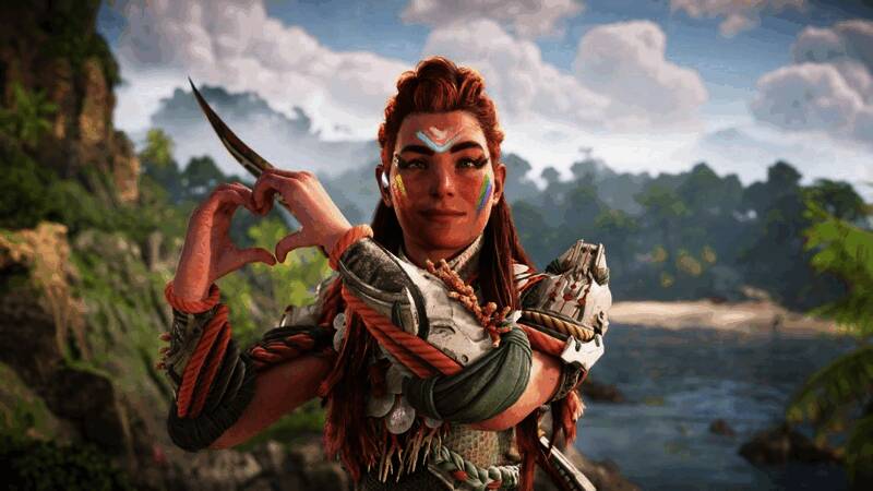 《地平线》女主埃洛伊做出比心动作的精美插画