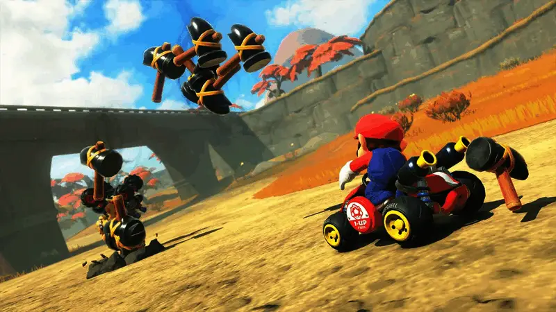 游戏中多个角色在赛道上展开激烈角逐，道具爆炸特效绚丽