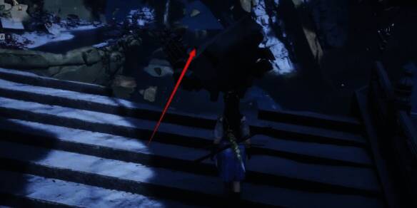 玩家角色站在破碎台阶上，目光聚焦于地面物品