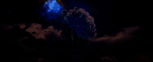 异变后的九黎城，城墙崩塌，天空五彩斑斓，景象诡异