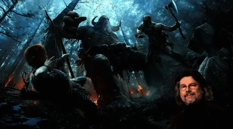 《战神》系列标志画面，奎托斯背影手持武器，背景为北欧神话场景