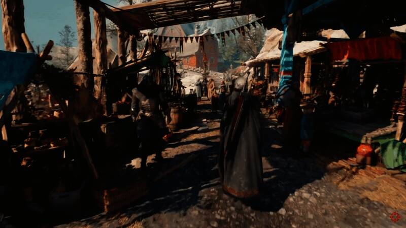 希里在集市中行走，周围NPC表现出不同情绪和动作