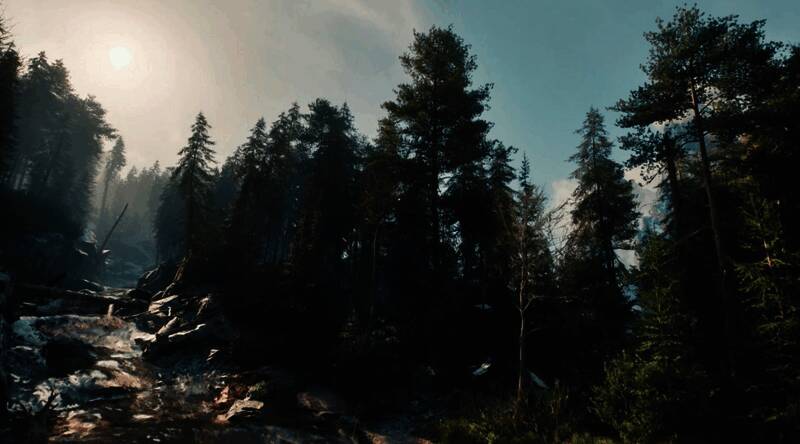 村庄远景图，远处山峦与天空融合，云层动态变化，大气渲染效果出众